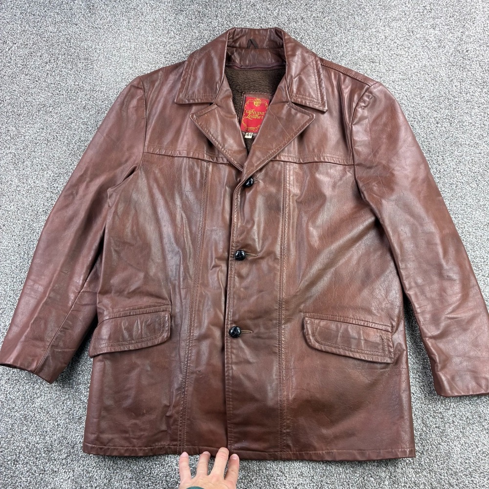 Vintage Genuine Leather Coat Mens 44 Brown Leather Faux Fur Lined Car Jacket